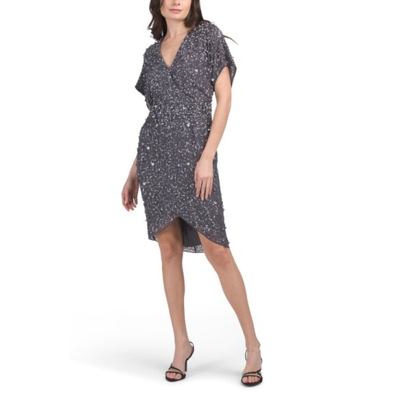 AIDAN BY ADRIANNA PAPELL Gunmetal Short Sleeve Beaded Cocktail Midi Dress - Picture 1 of 2